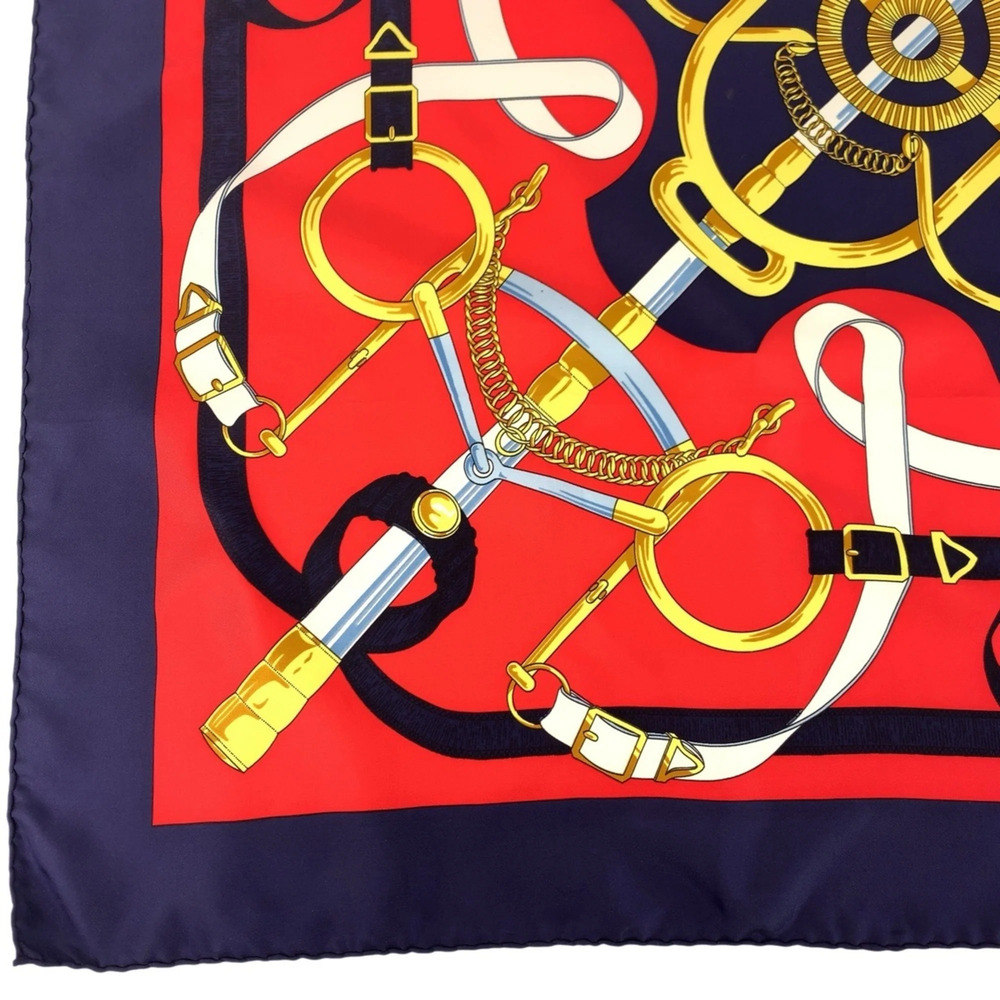 HERMES Hermes Golden Spur Carre 90 Red Navy Silk Scarf Muffler for Women - Picture 7 of 8